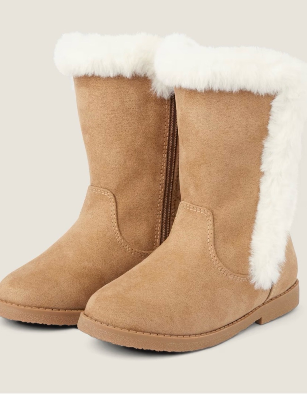 Kids Tan Faux-Suede Winter Boots with White Faux-Fur